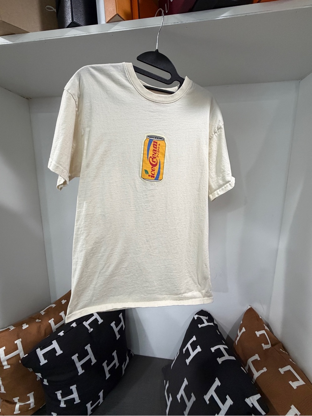 Cream Short-Sleeve Graphic Tee with Yellow Can Motif